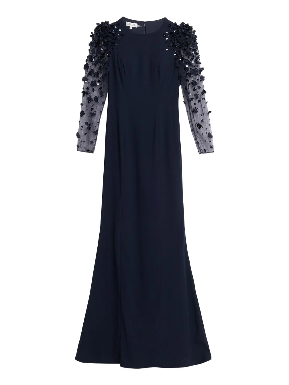 Tulle-Sleeve Floral Applique Crepe Gown
