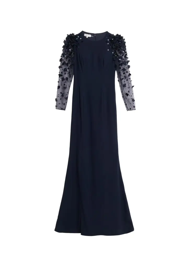 Tulle-Sleeve Floral Applique Crepe Gown Tulle-Sleeve Floral Applique Crepe Gown