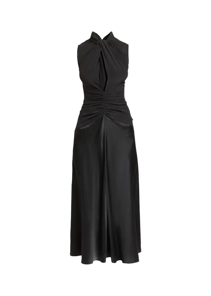 Delfi Sleeveless Ruched Keyhole Satin Midi Dress Delfi Sleeveless Ruched Keyhole Satin Midi Dress