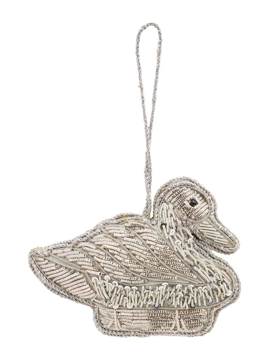 Sudha Pennathur Silver Swan Embroidered Ornament