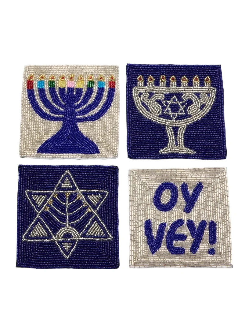Sudha Pennathur 4-Piece Embroidered Hannukah Coasters Set
