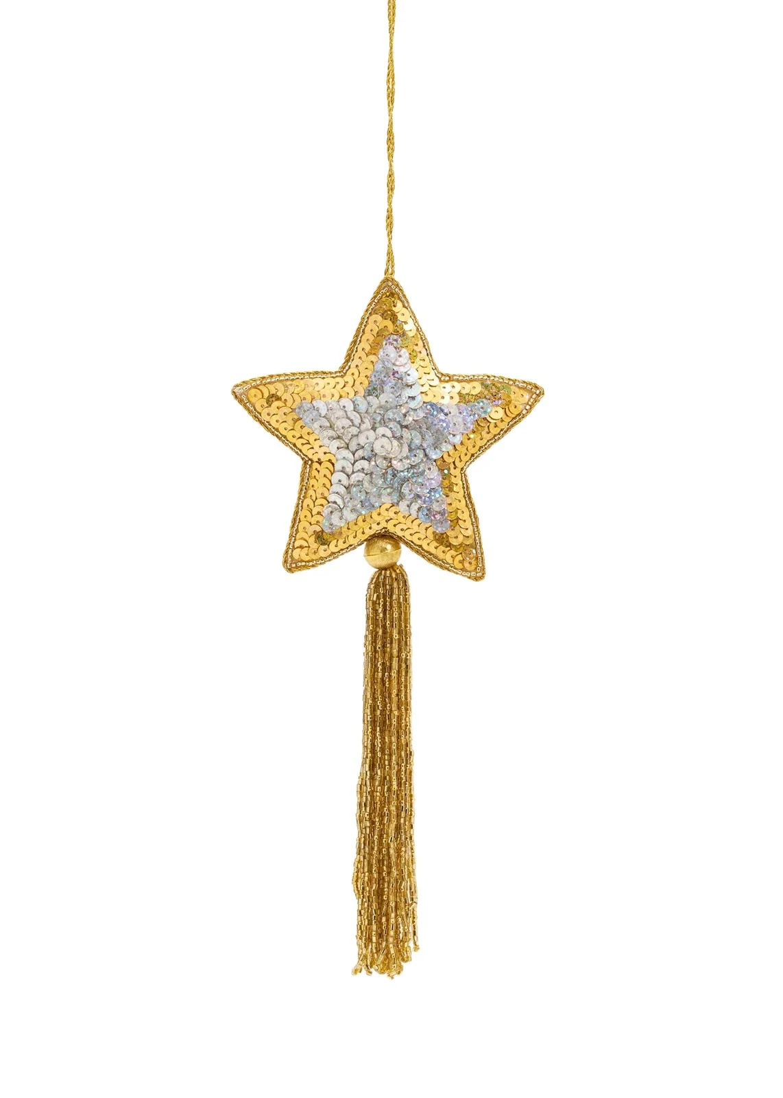 Sudha Pennathur Silver/Gold Sequin Star with Tassel Christmas Ornament