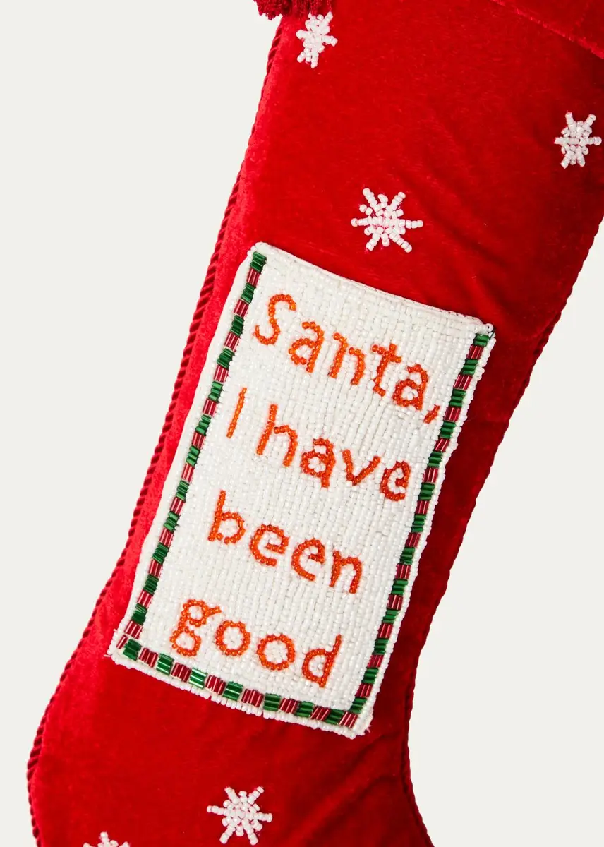 Sudha Pennathur "Santa I Have Been Good" Velvet Pocket Christmas Stocking | Thumbnail 2 Sudha Pennathur "Santa I Have Been Good" Velvet Pocket Christmas Stocking | Thumbnail 2