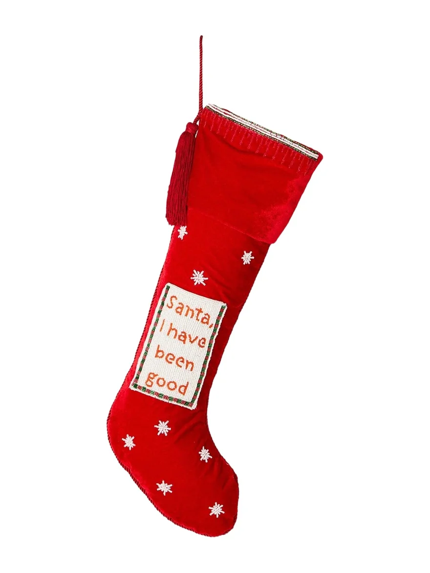 Sudha Pennathur "Santa I Have Been Good" Velvet Pocket Christmas Stocking