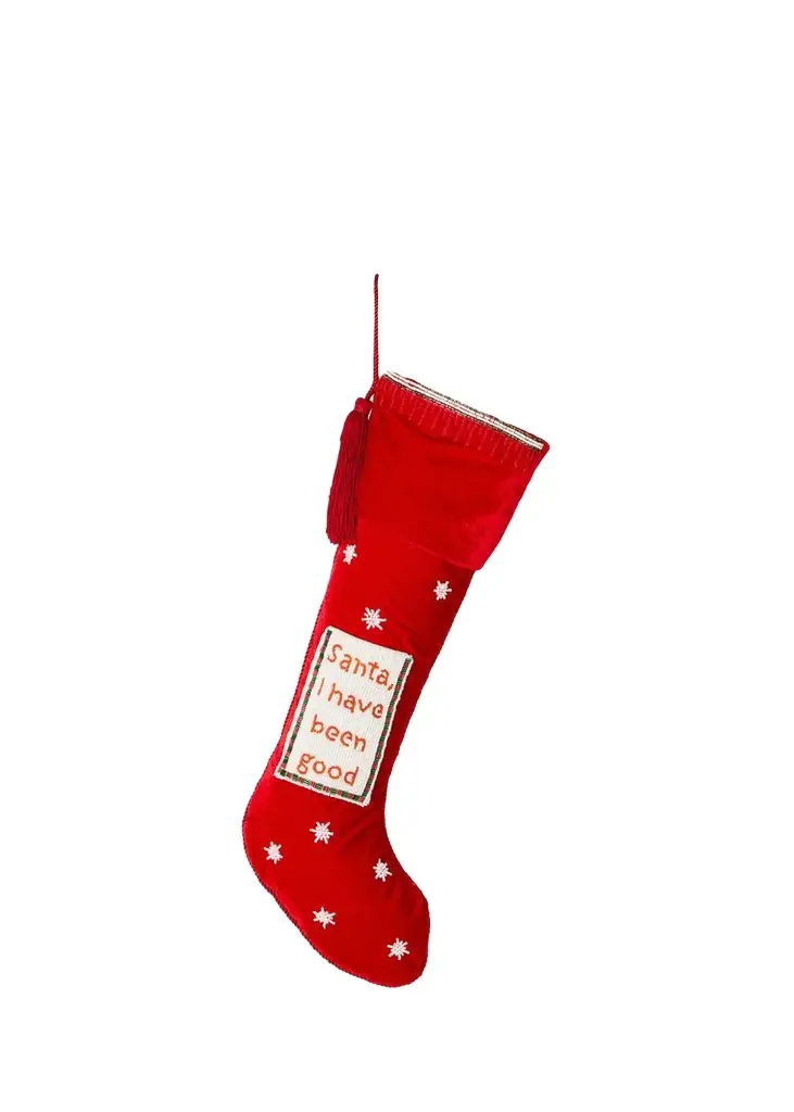 Sudha Pennathur "Santa I Have Been Good" Velvet Pocket Christmas Stocking