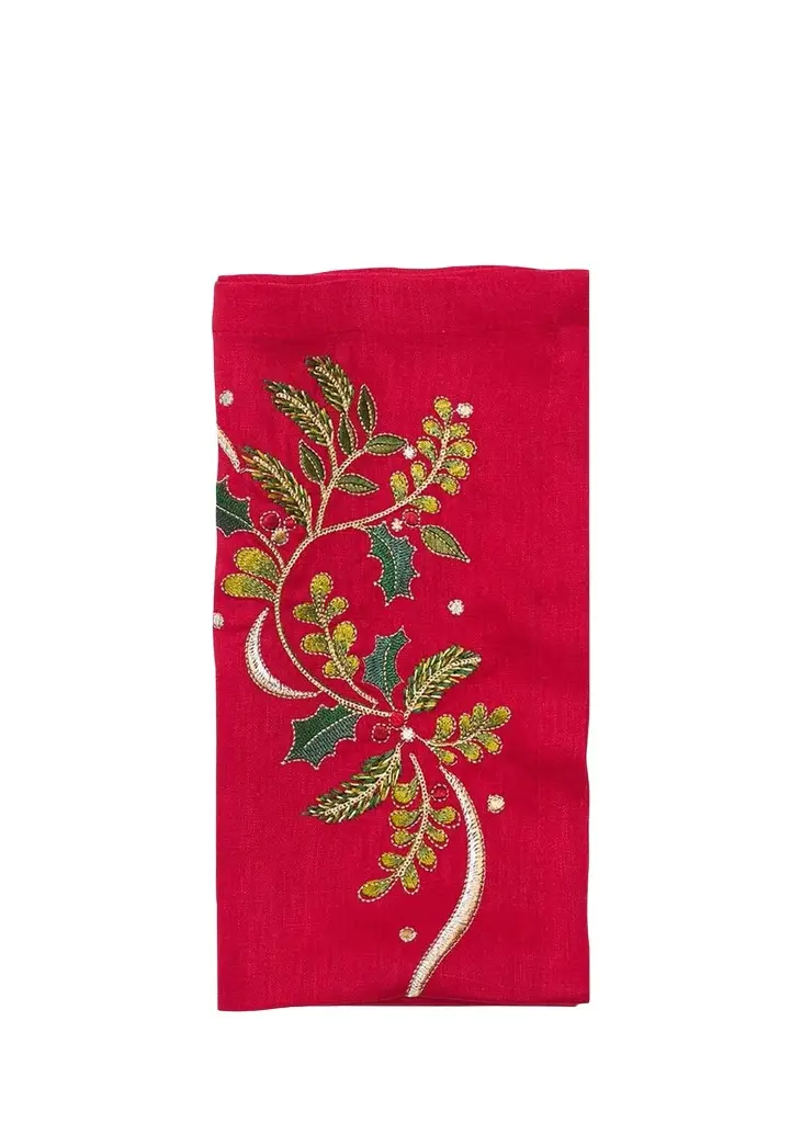 Kim Seybert Holly Ribbon Embroidered Linen Napkin