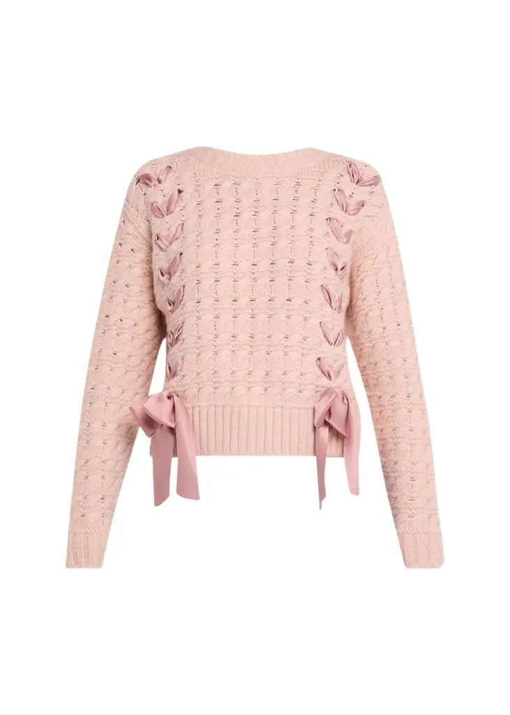 LoveShackFancy Quimby Ribbon Lace-Up Pullover Sweater