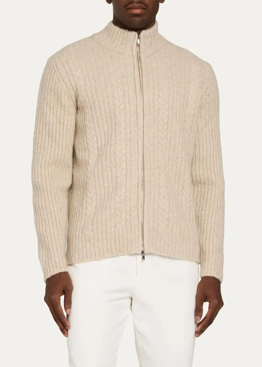 Fioroni Men's 5-Ply Cashmere Mouline Cable Bomber Jacket | Thumbnail 4
