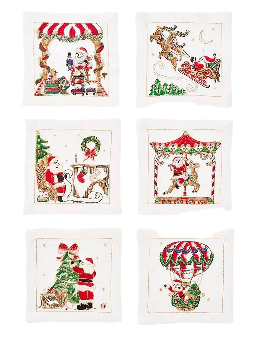 Kim Seybert Santa Embroidered Cocktail Napkins, Set of 6