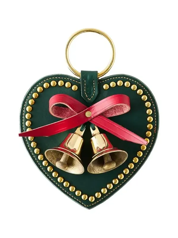 Belsnickel Enterprises 2 Brass Bells on Studded Leather Heart Door Hanger