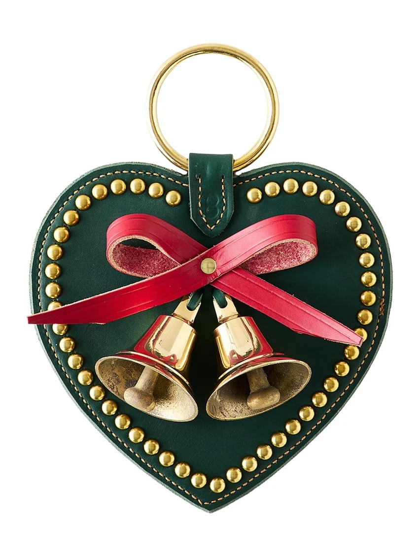 Belsnickel Enterprises 2 Brass Bells on Studded Leather Heart Door Hanger