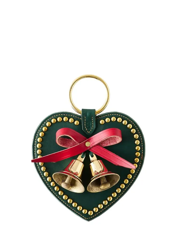 Belsnickel Enterprises 2 Brass Bells on Studded Leather Heart Door Hanger