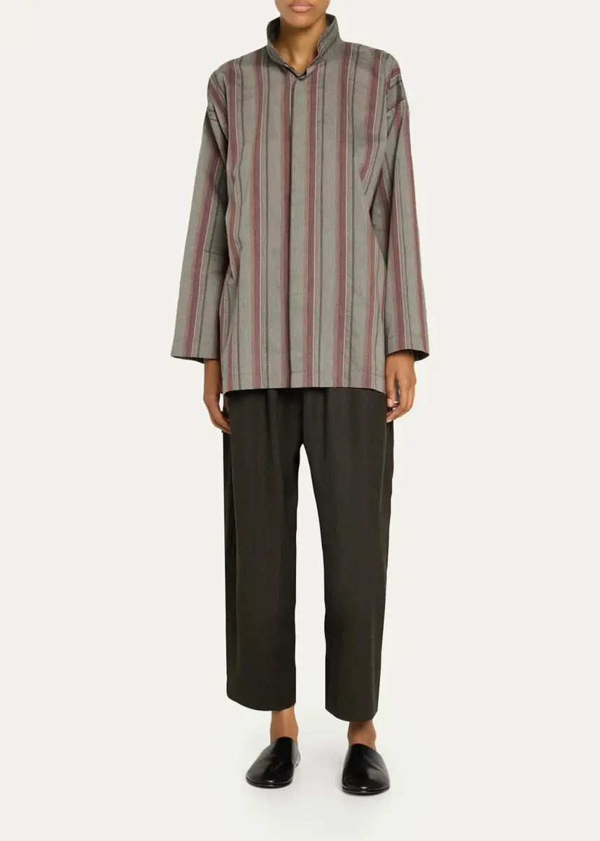 Eskandar Slim A-Line Shirt With Double Stand Collar And Stepped Insert - Long Length | Thumbnail 2 Eskandar Slim A-Line Shirt With Double Stand Collar And Stepped Insert - Long Length | Thumbnail 2