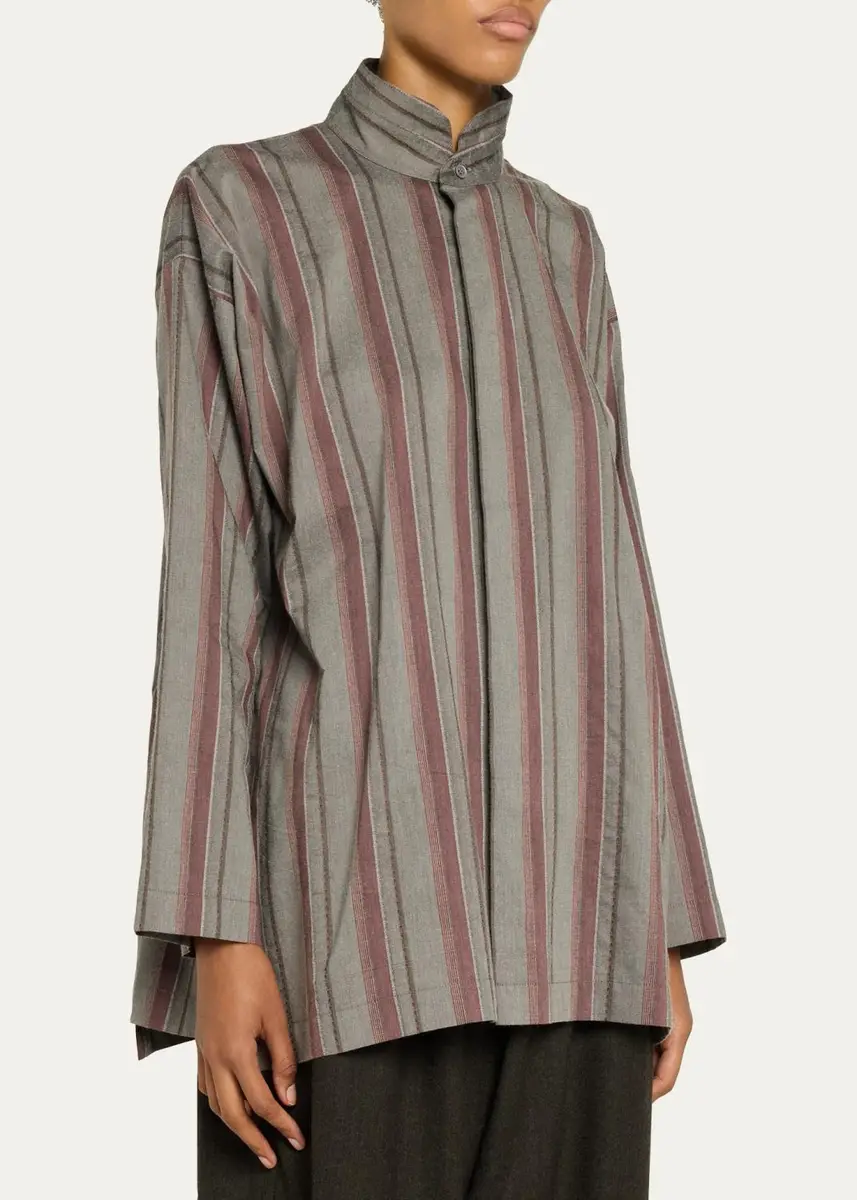 Eskandar Slim A-Line Shirt With Double Stand Collar And Stepped Insert - Long Length | Thumbnail 4 Eskandar Slim A-Line Shirt With Double Stand Collar And Stepped Insert - Long Length | Thumbnail 4