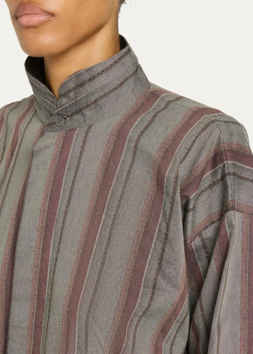 Eskandar Slim A-Line Shirt With Double Stand Collar And Stepped Insert - Long Length | Thumbnail 5 Eskandar Slim A-Line Shirt With Double Stand Collar And Stepped Insert - Long Length | Thumbnail 5