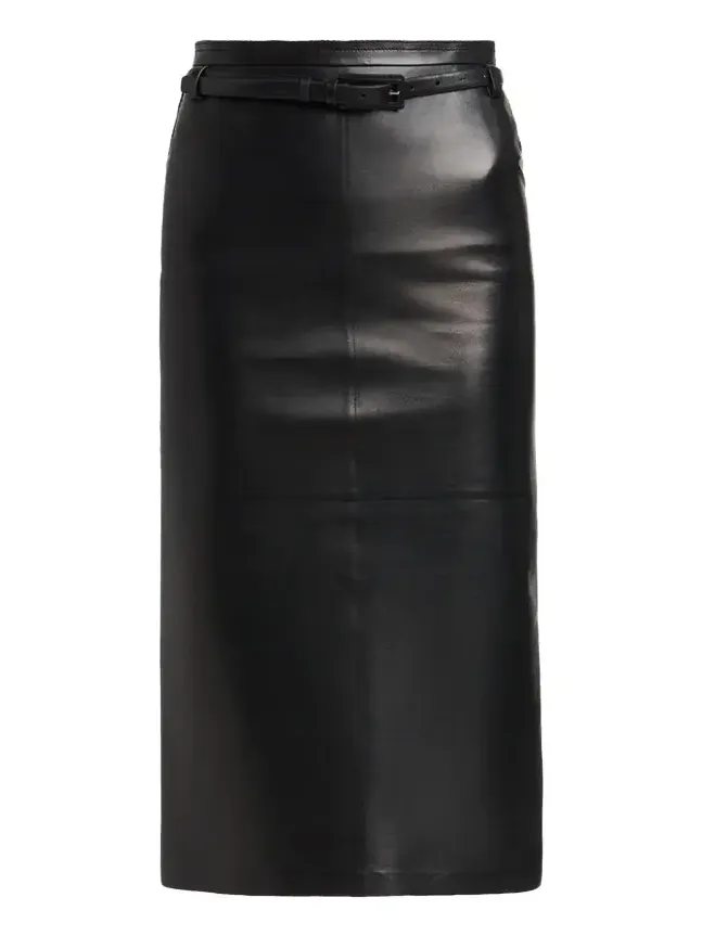 Silky Guanteria Lambskin Leather Belted Pencil Skirt