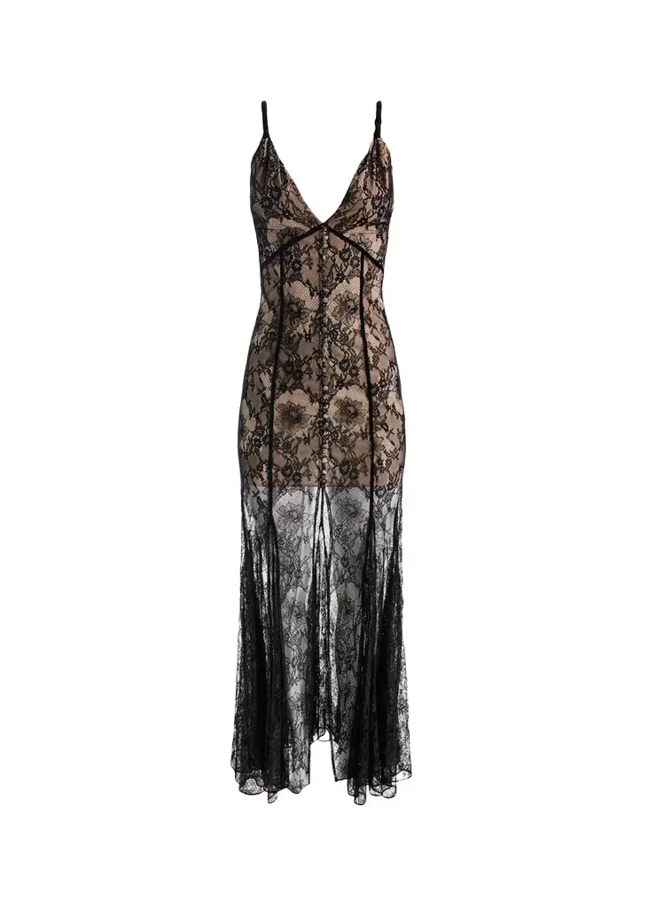 Alice + Olivia Alana Twist Strap Lace Godet Maxi Dress