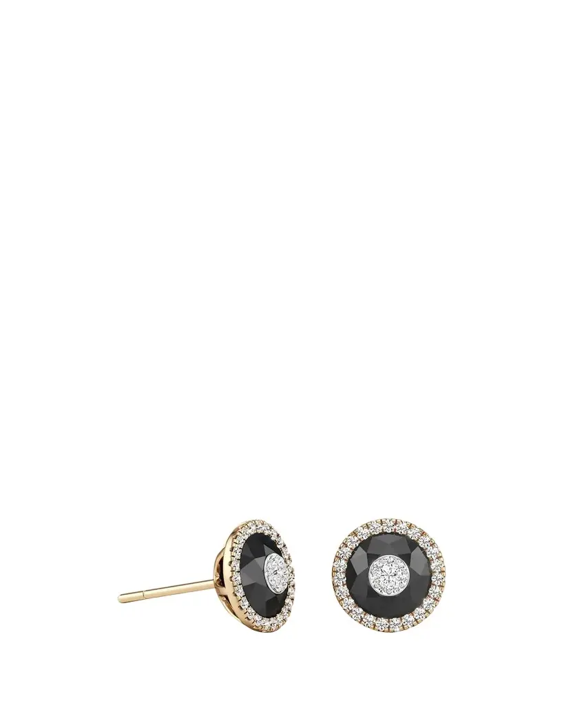 18K Yellow Gold 7mm Diamond and Onyx Fusion Stud Earrings with Halos 18K Yellow Gold 7mm Diamond and Onyx Fusion Stud Earrings with Halos