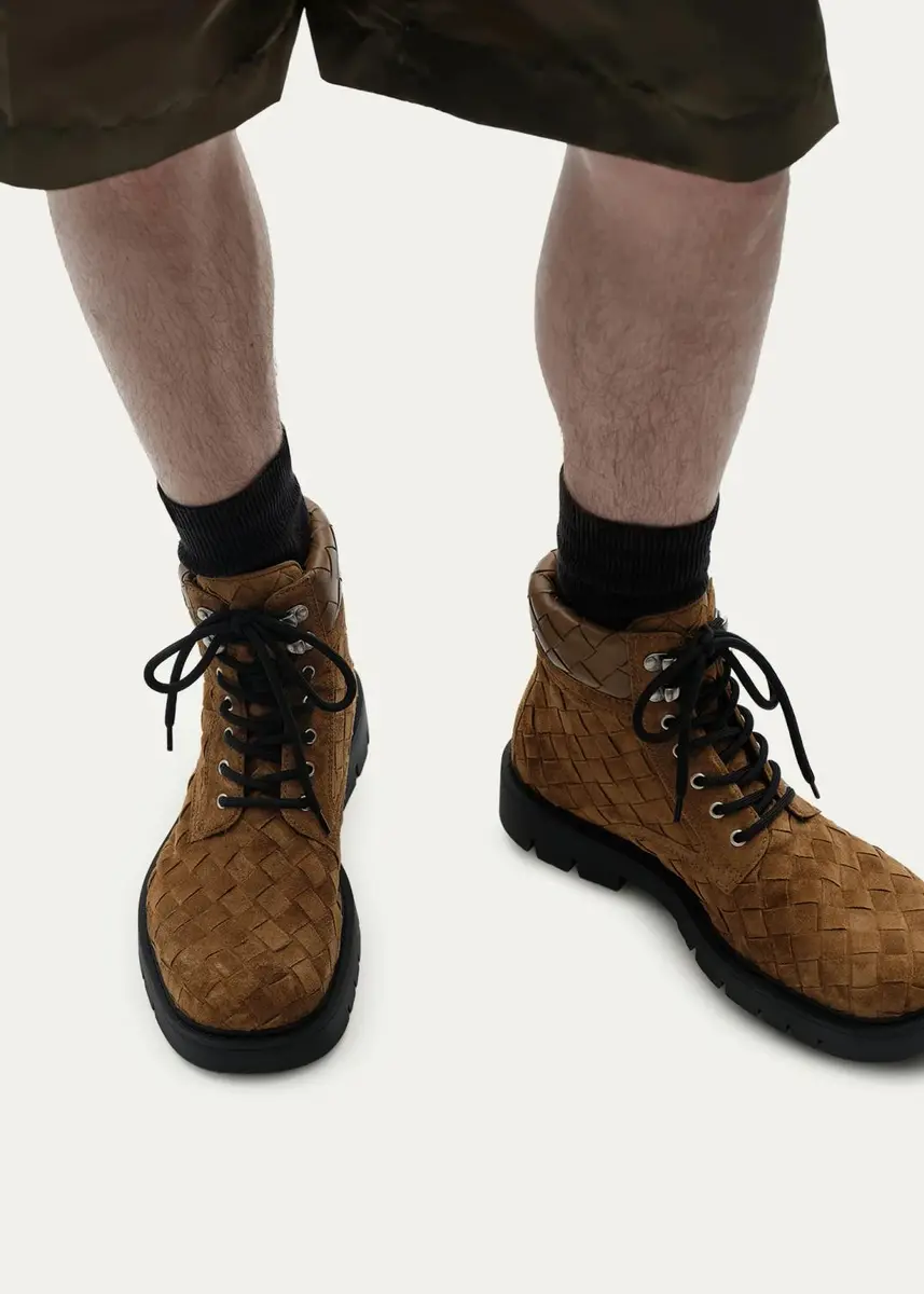 Bottega Veneta Men's Haddock Intrecciato Suede Lace-Up Boots | Thumbnail 2 Bottega Veneta Men's Haddock Intrecciato Suede Lace-Up Boots | Thumbnail 2