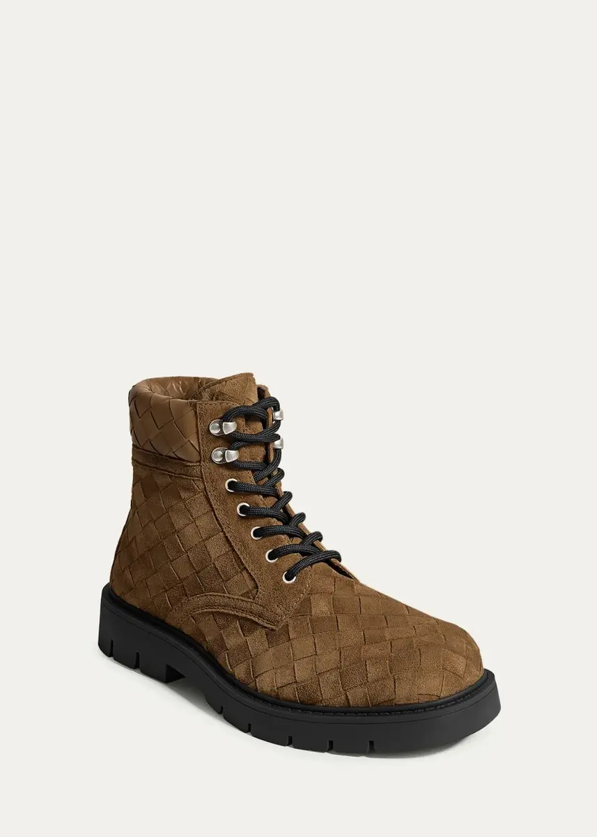 Bottega Veneta Men's Haddock Intrecciato Suede Lace-Up Boots | Thumbnail 3 Bottega Veneta Men's Haddock Intrecciato Suede Lace-Up Boots | Thumbnail 3
