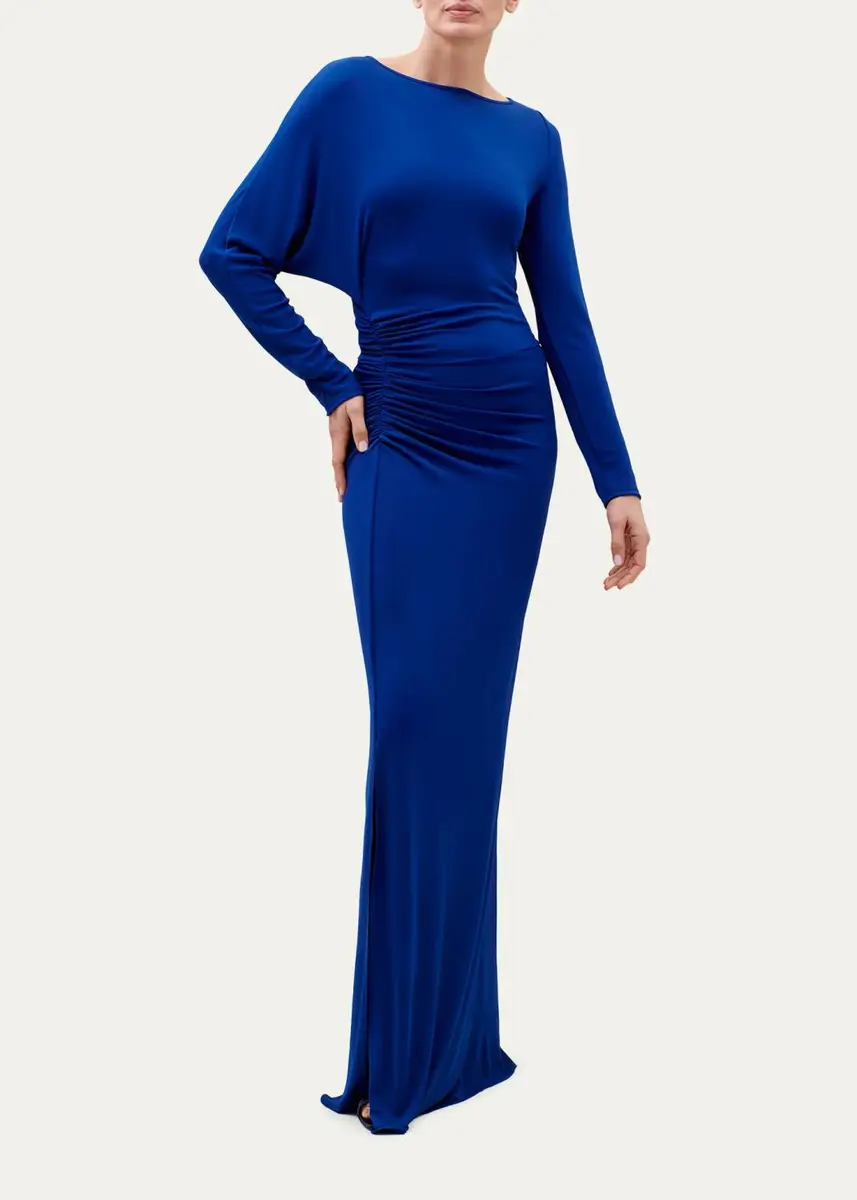 Silvia Tcherassi Laken Ruched Jersey Asymmetric Long-Sleeve Maxi Dress | Thumbnail 2 Silvia Tcherassi Laken Ruched Jersey Asymmetric Long-Sleeve Maxi Dress | Thumbnail 2