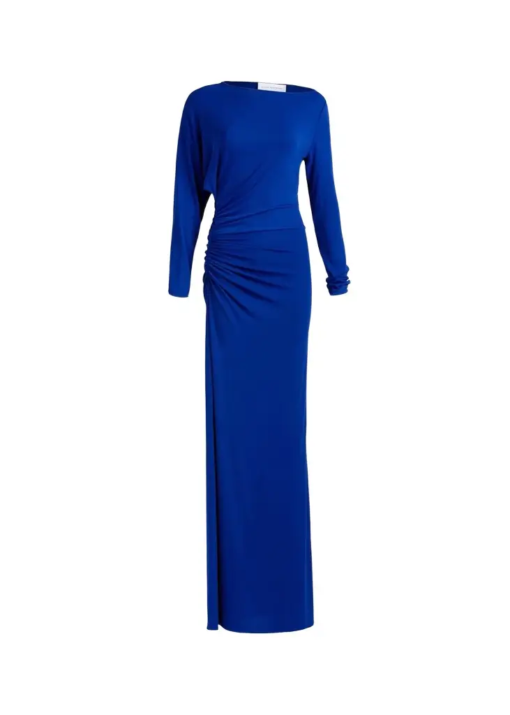 Laken Ruched Jersey Asymmetric Long-Sleeve Maxi Dress Laken Ruched Jersey Asymmetric Long-Sleeve Maxi Dress