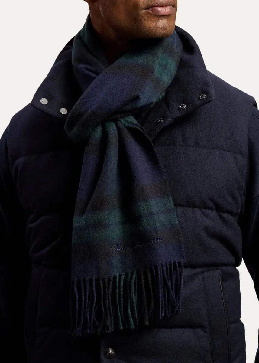 Ralph Lauren Purple Label Men's Plaid Cashmere Fringe Scarf | Thumbnail 3