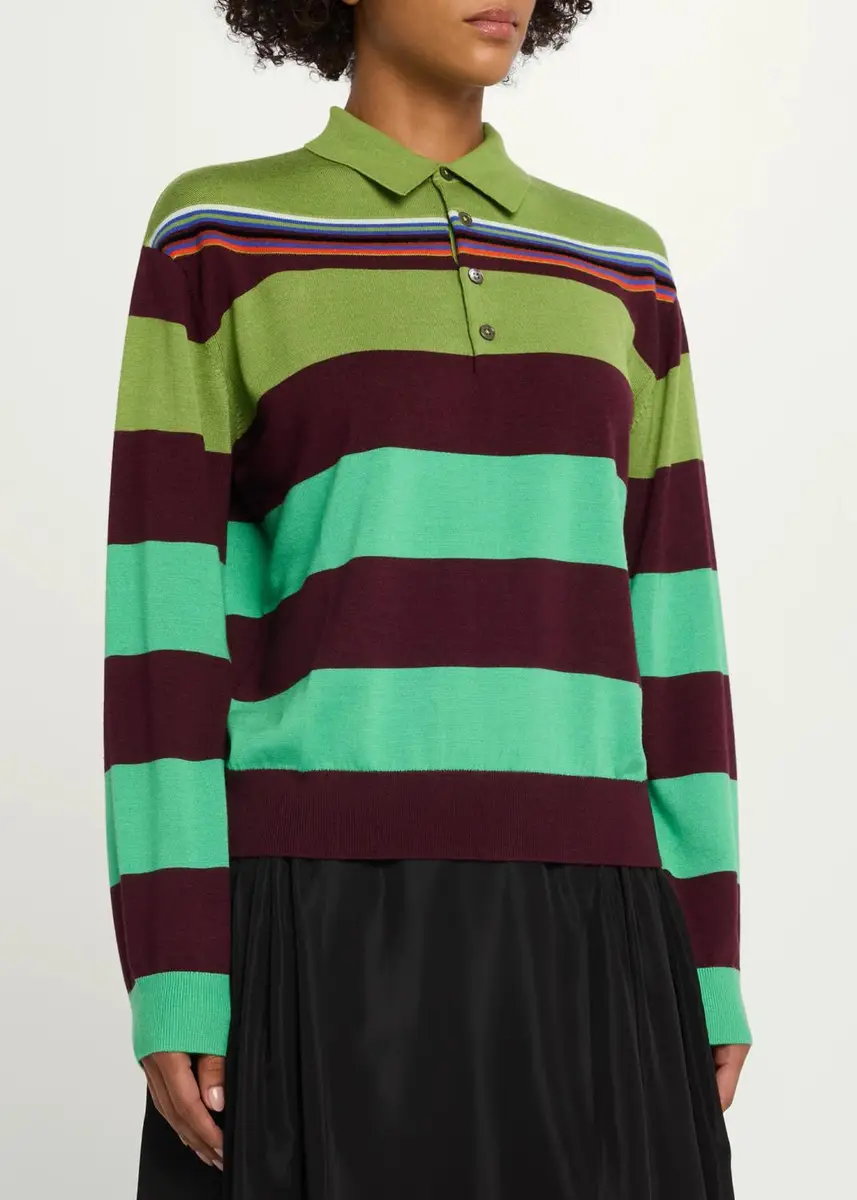 Christopher John Rogers Big Striped Wool-Silk Long-Sleee Polo Sweater | Thumbnail 4 Christopher John Rogers Big Striped Wool-Silk Long-Sleee Polo Sweater | Thumbnail 4