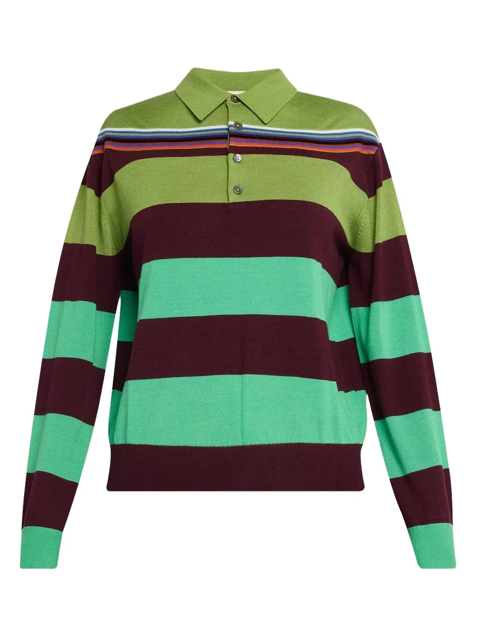 Big Striped Wool-Silk Long-Sleee Polo Sweater Big Striped Wool-Silk Long-Sleee Polo Sweater
