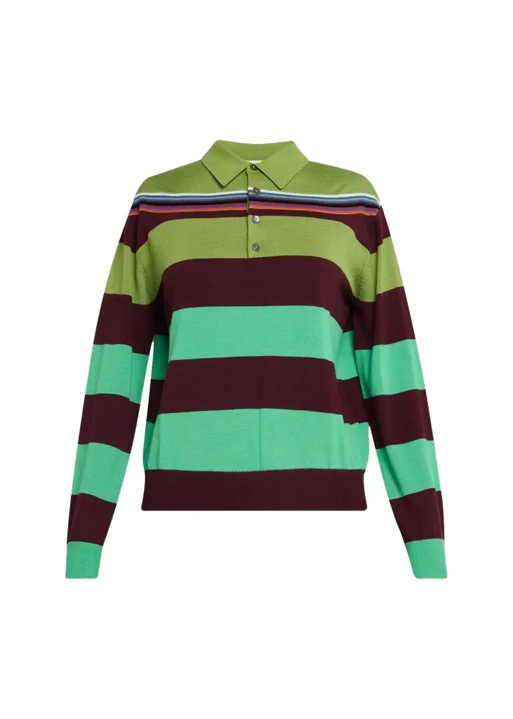 Big Striped Wool-Silk Long-Sleee Polo Sweater Big Striped Wool-Silk Long-Sleee Polo Sweater
