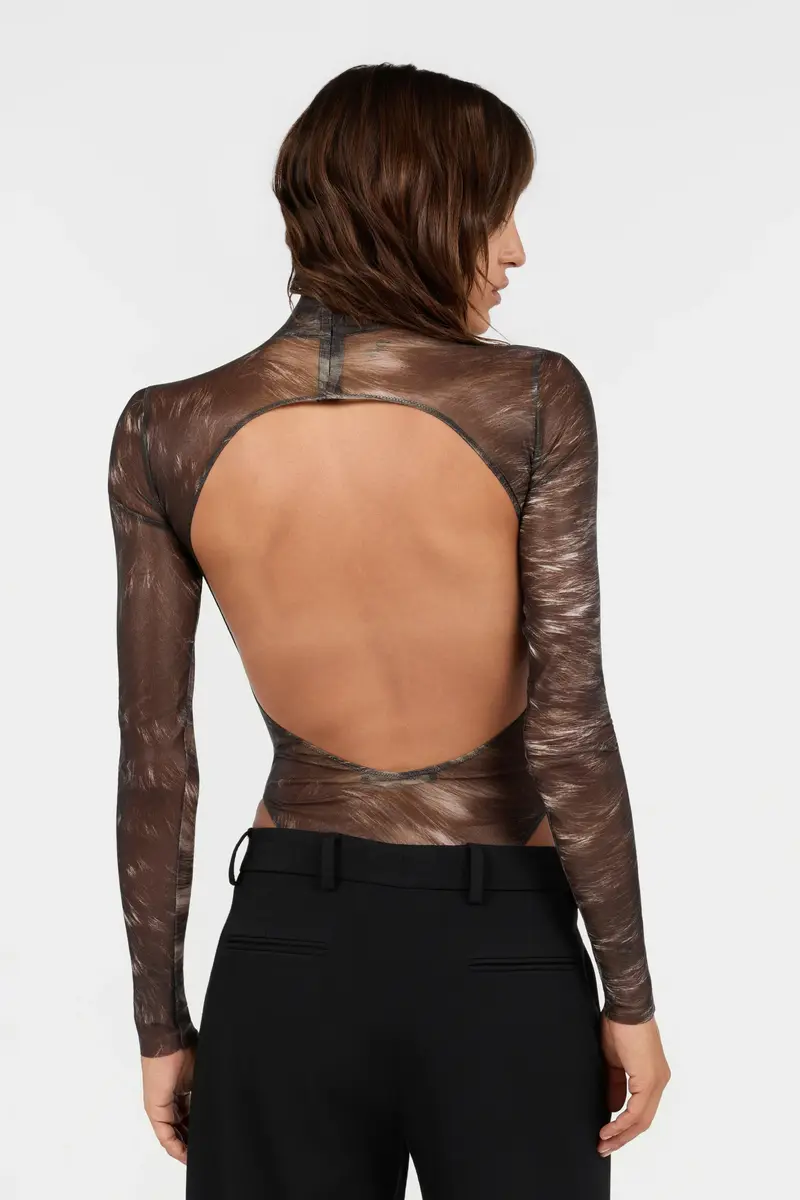 Roberto Cavalli Silver Fur Printed Laminated Tulle Bodysuit | Thumbnail 3 Roberto Cavalli Silver Fur Printed Laminated Tulle Bodysuit | Thumbnail 3