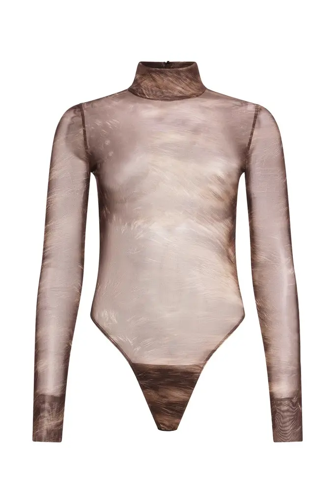 Roberto Cavalli Silver Fur Printed Laminated Tulle Bodysuit