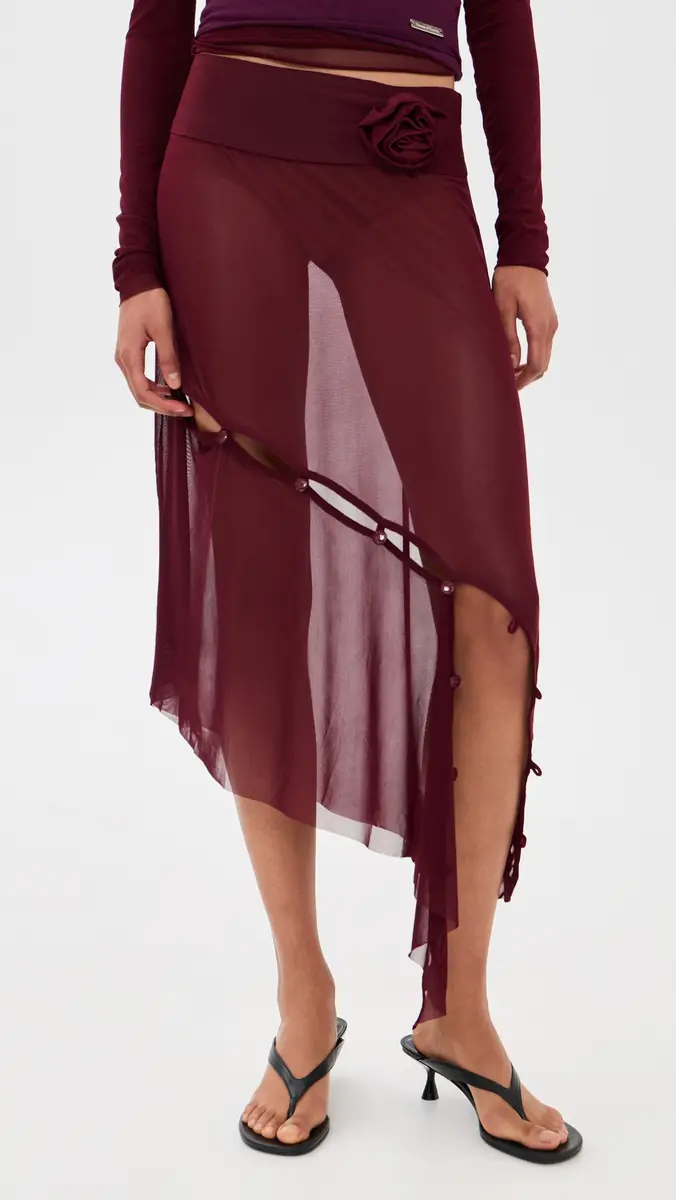 House of Sunny Asymmetric Mesh Skirt with Flower Applique Burgundy | Thumbnail 2 House of Sunny Asymmetric Mesh Skirt with Flower Applique Burgundy | Thumbnail 2