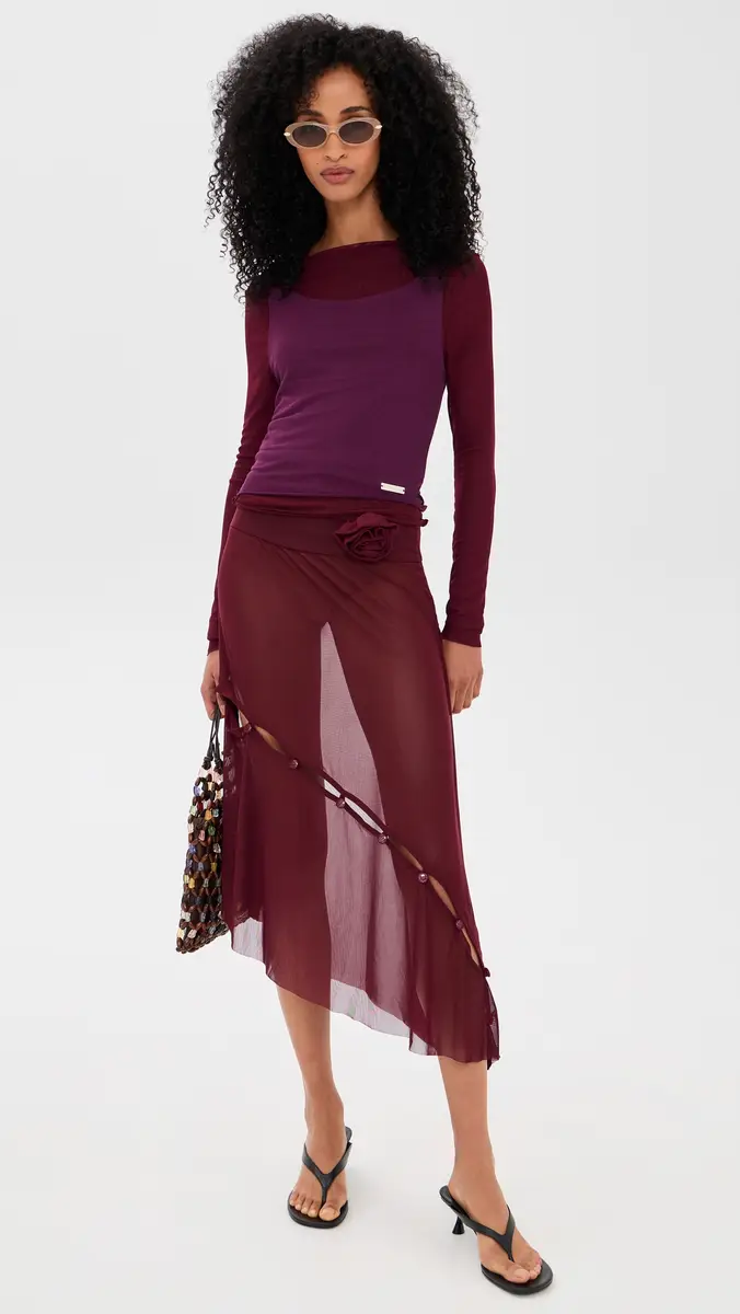 House of Sunny Asymmetric Mesh Skirt with Flower Applique Burgundy | Thumbnail 5 House of Sunny Asymmetric Mesh Skirt with Flower Applique Burgundy | Thumbnail 5