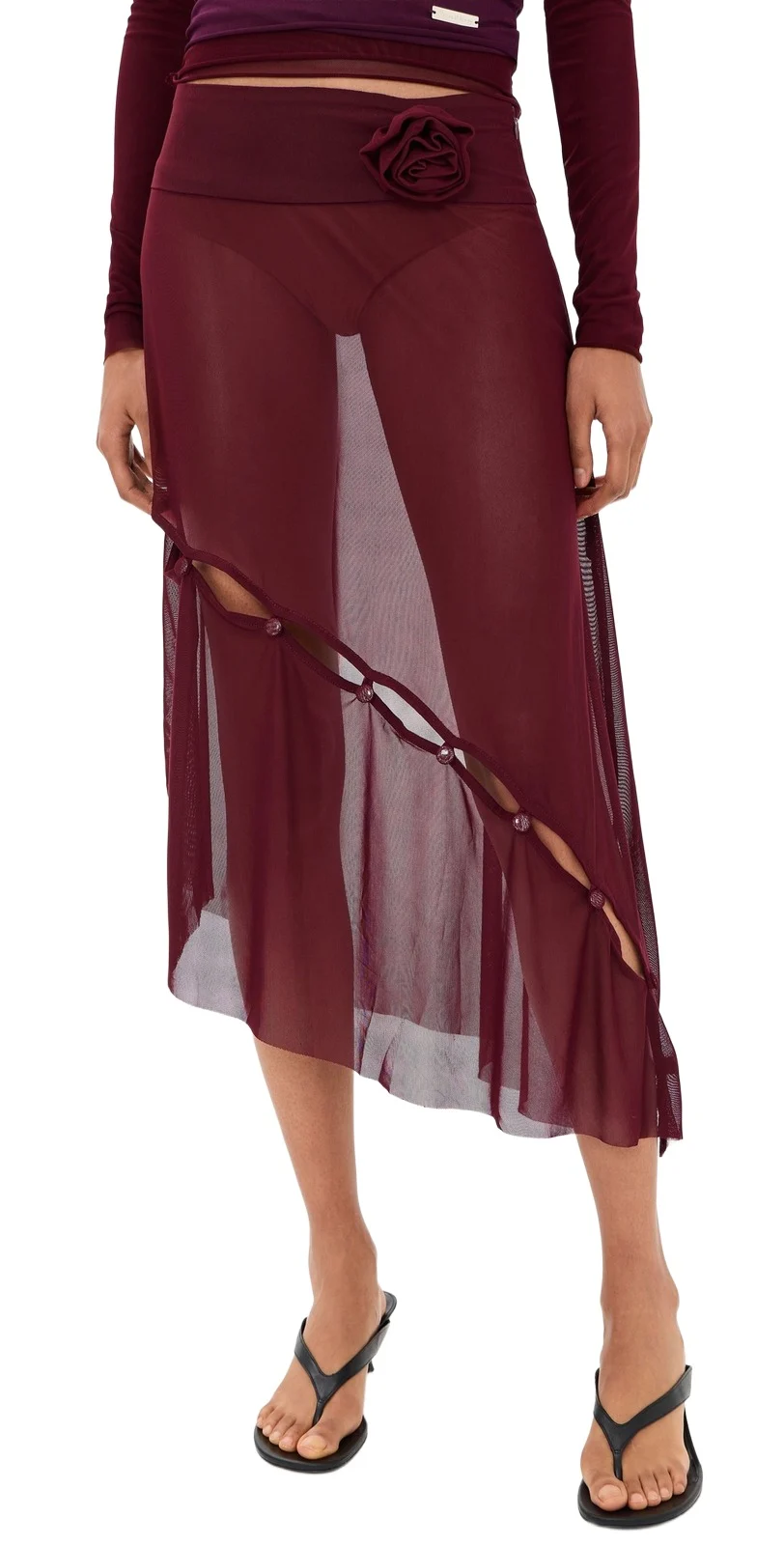 House of Sunny Asymmetric Mesh Skirt with Flower Applique Burgundy
