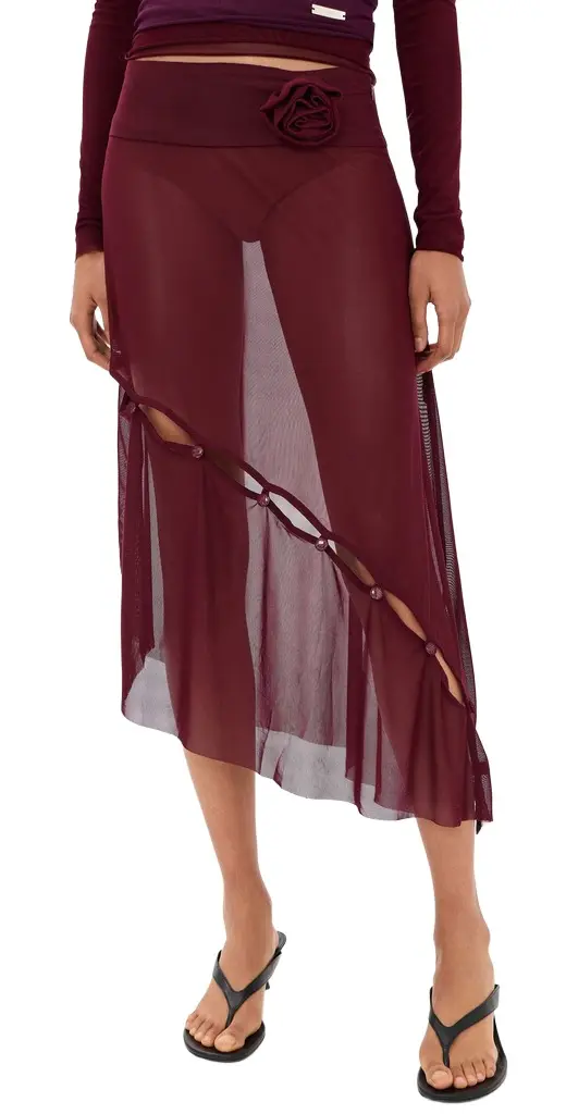 House of Sunny Asymmetric Mesh Skirt with Flower Applique Burgundy