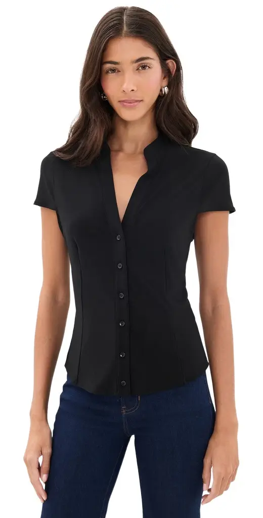 Alice + Olivia Freya Fitted Cap Sleeve Button Down Blouse