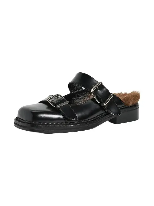 Faux Fur Lined Buckle Mary Jane Mules