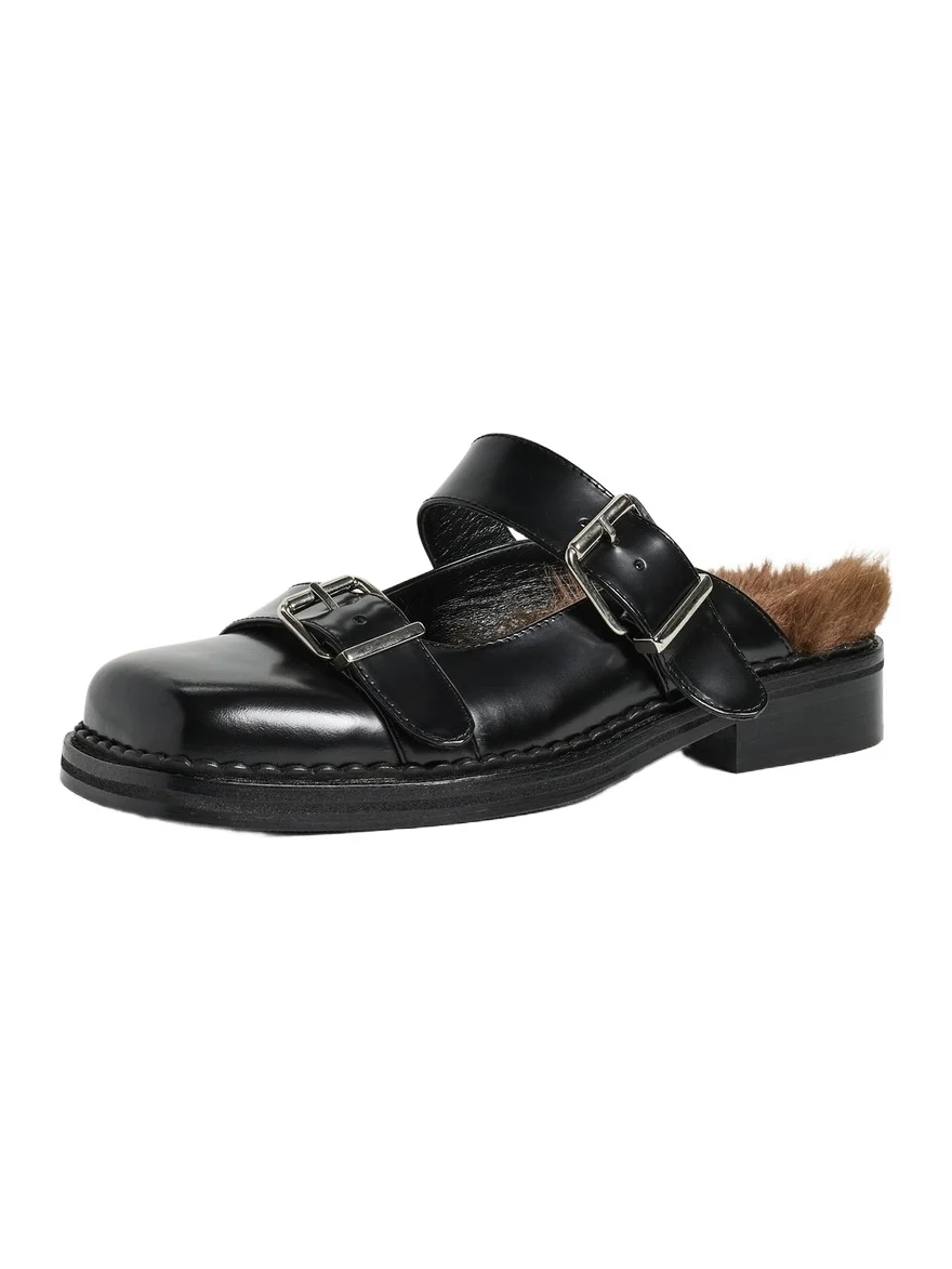 Simone Rocha Faux Fur Lined Buckle Mary Jane Mules