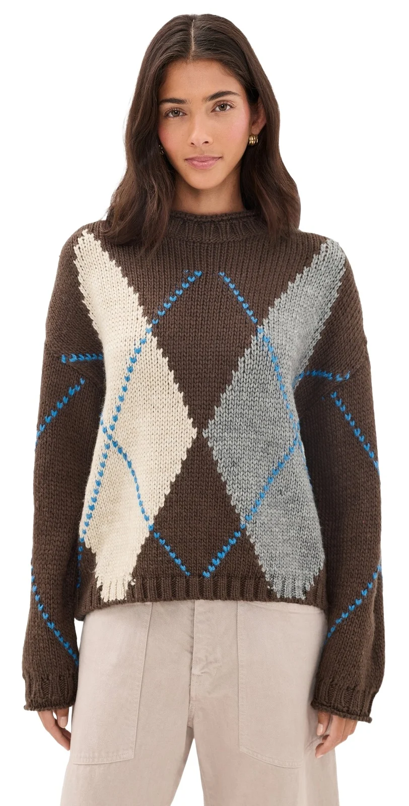 Moon River Argyle Roll Neck Sweater Top