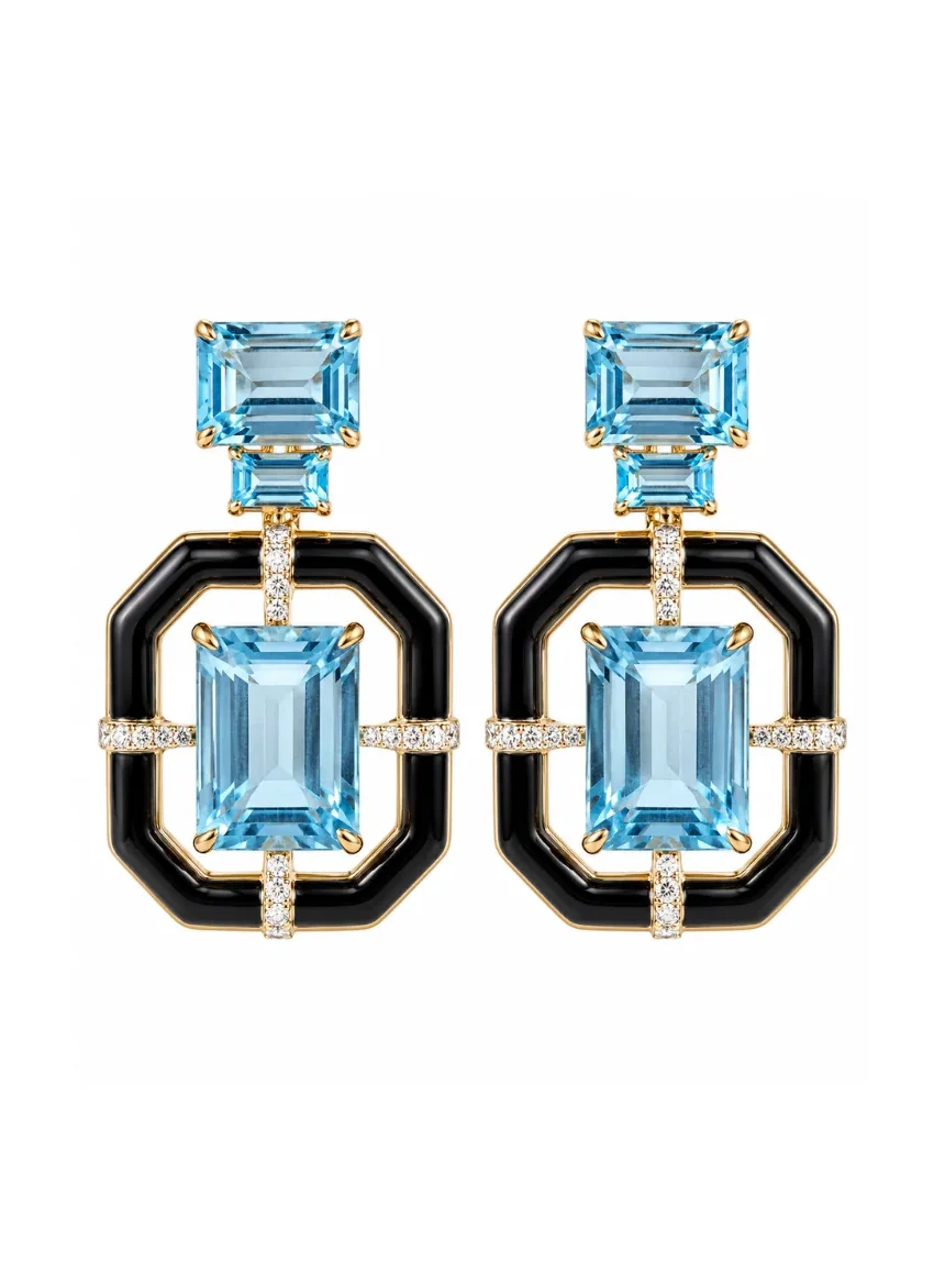 40.26ct Blue Topaz Black Onyx Diamond 18K Gold Statement Earrings