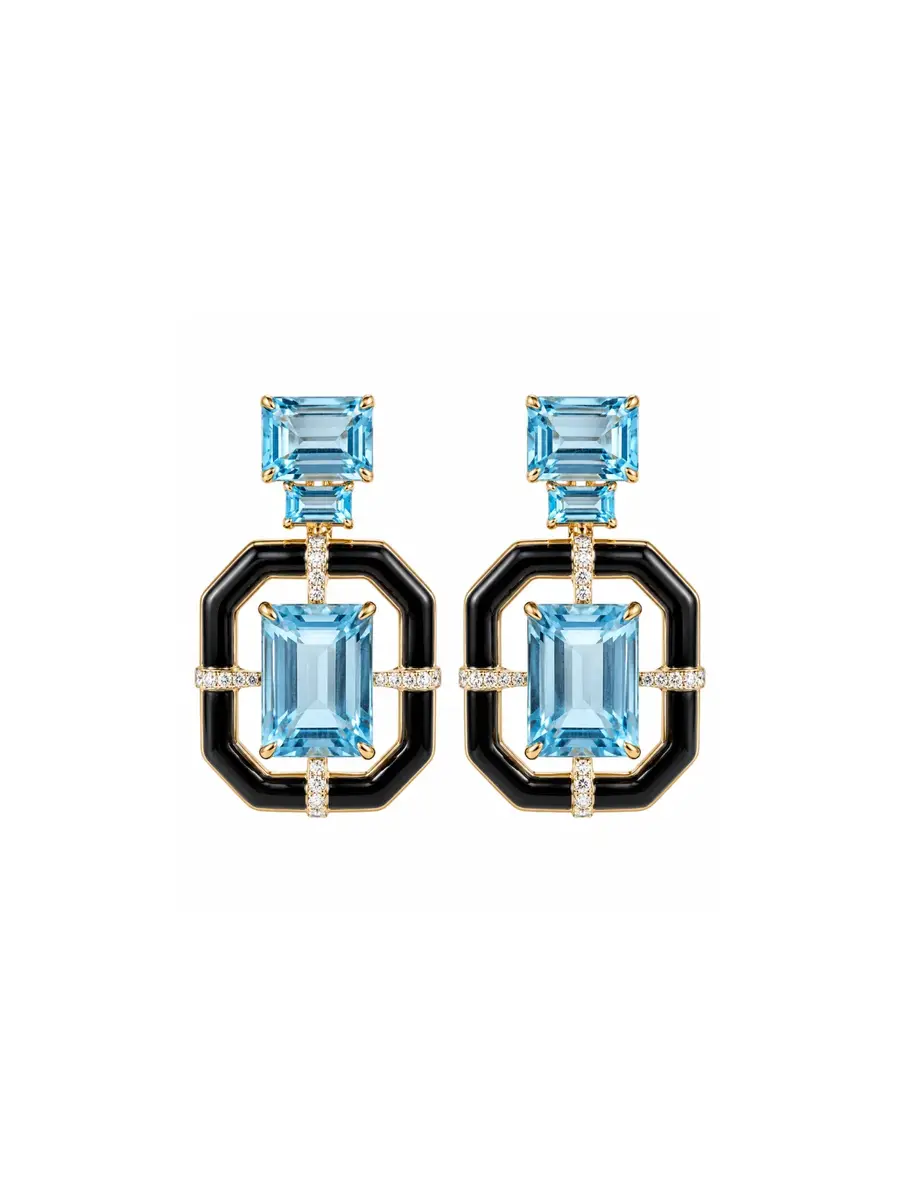 Wish Fine Jewelry 40.26ct Blue Topaz Black Onyx Diamond 18K Gold Statement Earrings