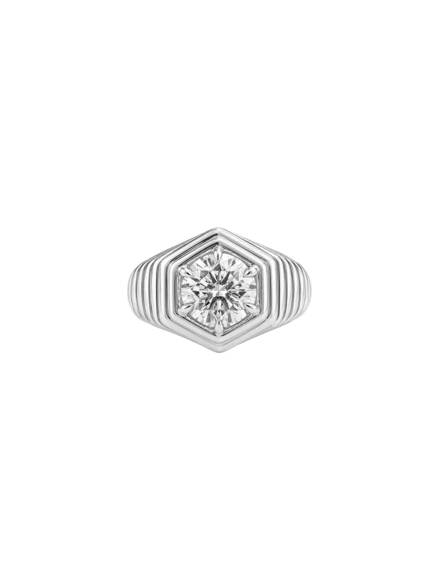 Wish Fine Jewelry IGI 0.90ct Diamond 18K Gold Grooved Signet Ring