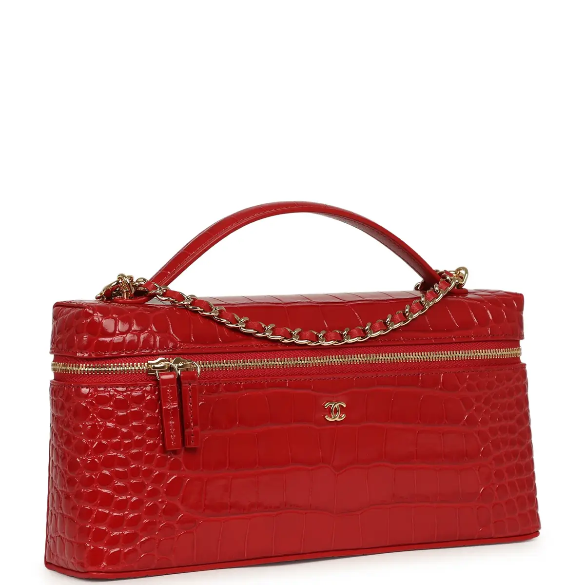 Chanel Chanel Large East West Top Handle Long Vanity Case with Chain Dark Red Croc Embossed Calfskin Gold Hardware | Thumbnail 2