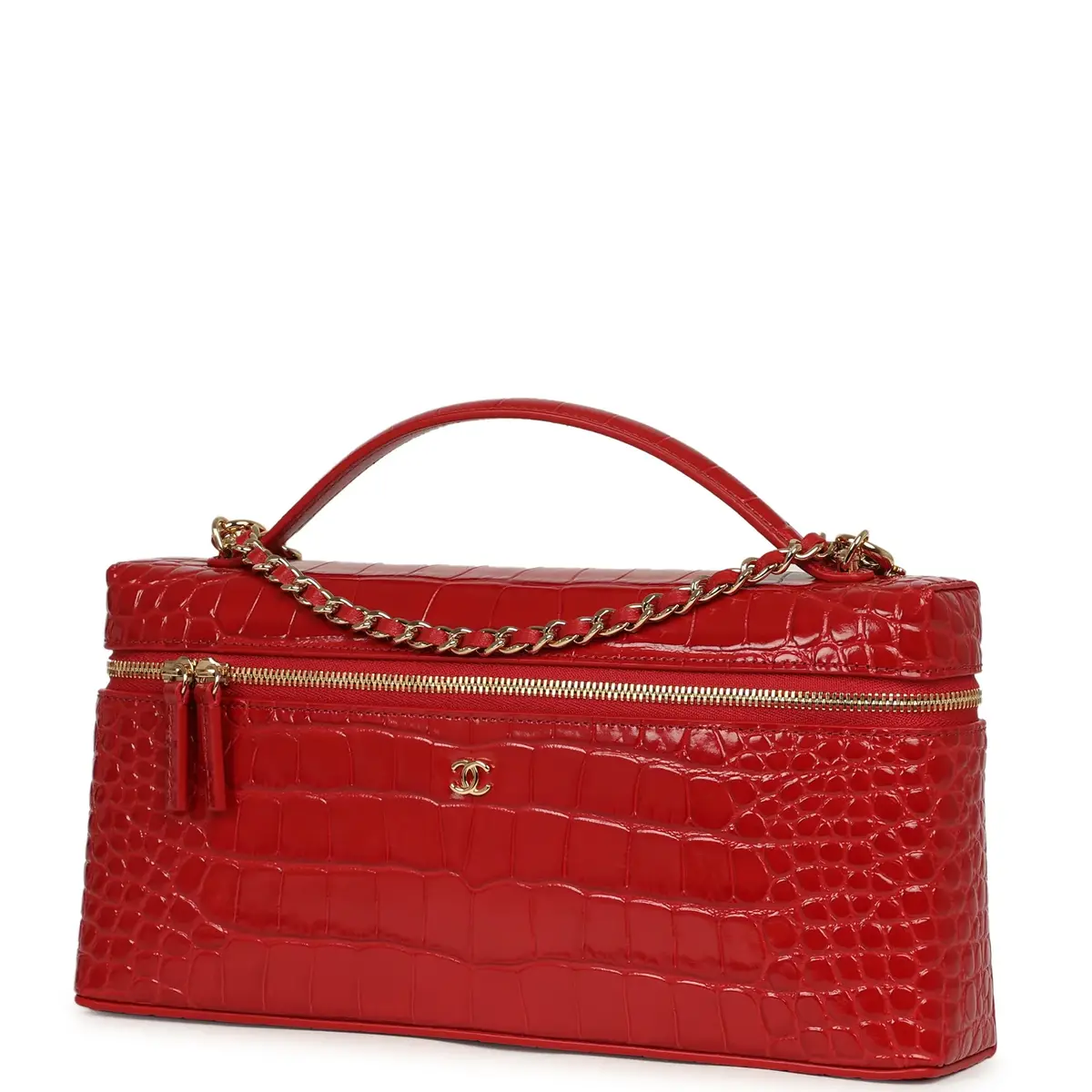 Chanel Chanel Large East West Top Handle Long Vanity Case with Chain Dark Red Croc Embossed Calfskin Gold Hardware | Thumbnail 5