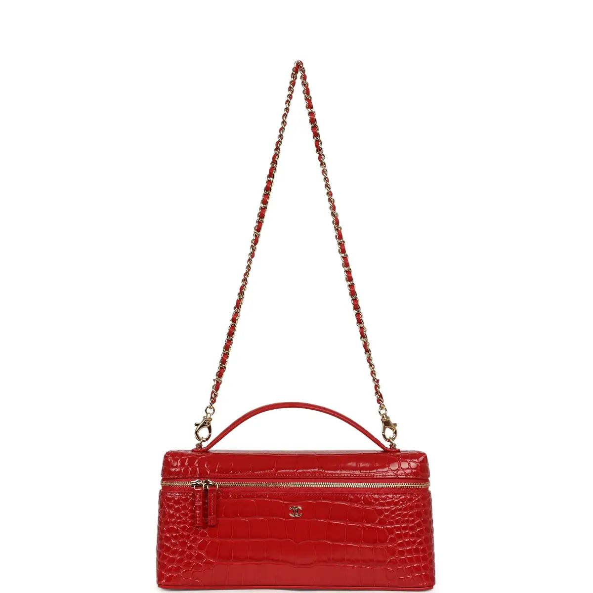 Chanel Chanel Large East West Top Handle Long Vanity Case with Chain Dark Red Croc Embossed Calfskin Gold Hardware | Thumbnail 7