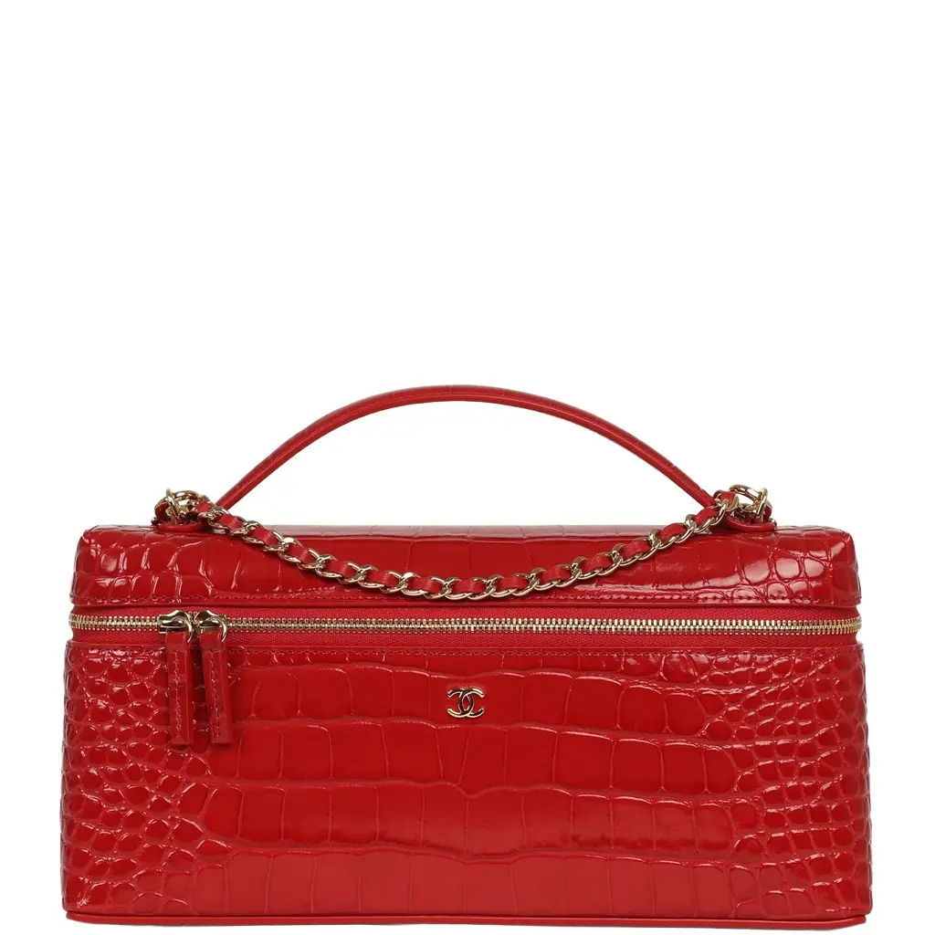 Chanel Chanel Large East West Top Handle Long Vanity Case with Chain Dark Red Croc Embossed Calfskin Gold Hardware