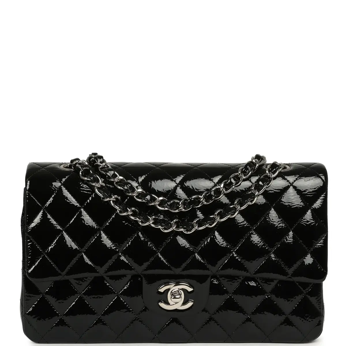Chanel Chanel Medium Classic Double Flap Bag Black Patent Silver Hardware