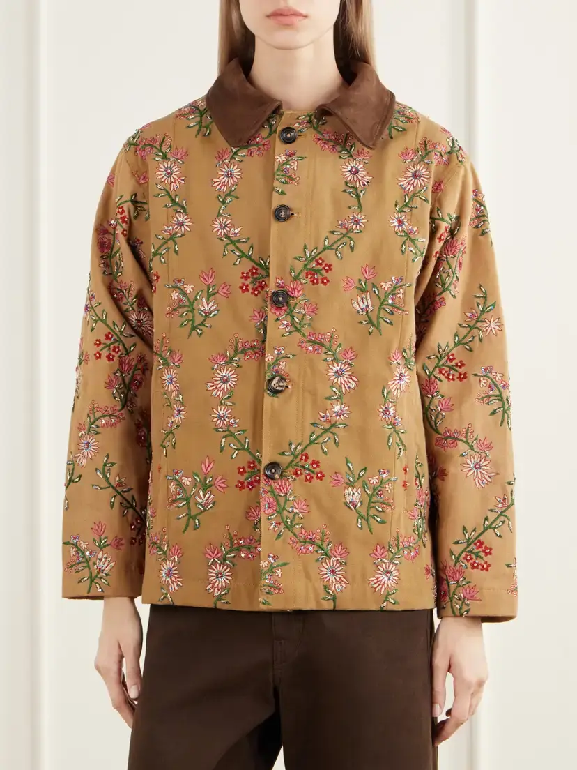 Kartik Research Chintz Sequin-embellished Floral-embroidered Suede-trimmed Cotton-canvas Jacket | Thumbnail 3 Kartik Research Chintz Sequin-embellished Floral-embroidered Suede-trimmed Cotton-canvas Jacket | Thumbnail 3