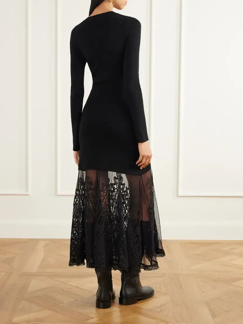 Sea Vali Embroidered Tulle-trimmed Wool Midi Dress | Thumbnail 3